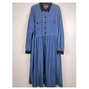 Venezia 80s 90s Vintage Prairie Midi / Maxi Denim Dress Velvet Collar | XL / 2XL